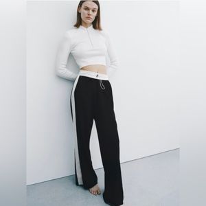 ZARA Black wide leg pants with white piping size small